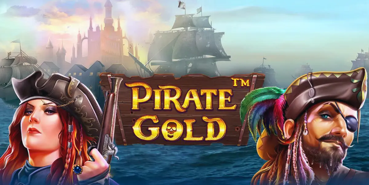 Pirate Gold slot banner showing a red-haired pirate woman with a pistol on the left and an eyepatched pirate captain on the right, with a wooden “Pirate Gold” title over an ocean scene featuring sailing ships and a distant port city.